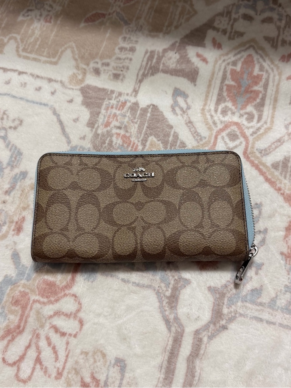 Coach Brown Signature Zip Wallet with Light Blue Trim